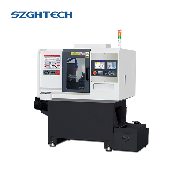 SZGH CNC lathe is suitable for cutting copper, iron, aluminum and stainless steel bars with a diameter of less than 25mm. The X-axis travel is 500mm and the Z-axis travel is 180mm. It adopts a number of advanced technologies such as high rigidity and anti-deformation, and can easily achieve high-speed cutting of 2mm steel parts on one side. The machine tool weighs about 1.5 tons, with a processing accuracy of ±0.01mm, and supports flat bed and inclined bed structures. It can realize the processing of parts such as straight lines, tapers, arcs, threads, etc., and is particularly suitable for bar processing below 25mm and mass production of post-process automated granular materials.